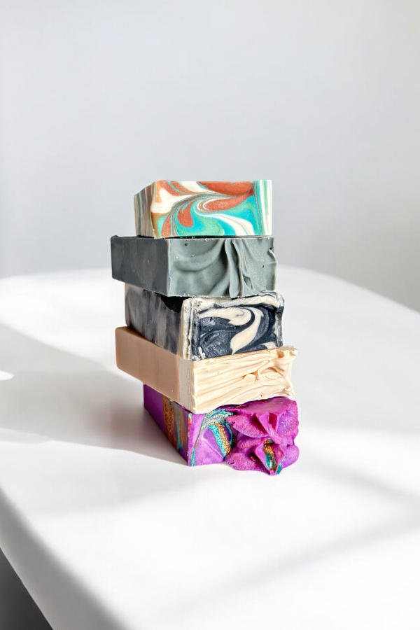 A stack of four handcrafted, rectangular bar soaps with various colors and textures, including marbled purple, creamy white, and natural tan, set against a clean, white background.